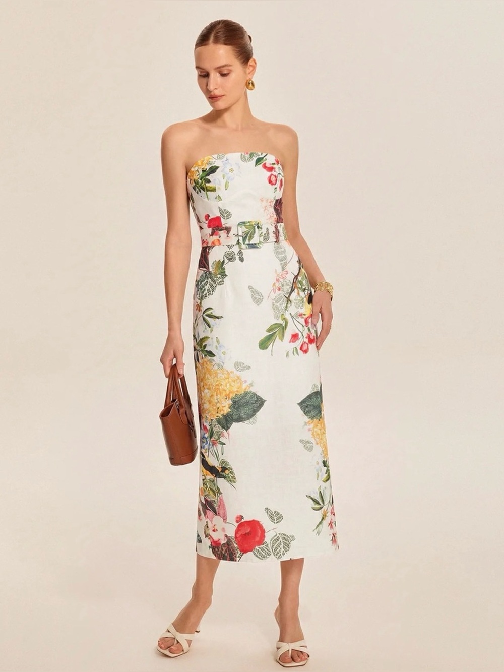Commense White Strapless Floral Midi Dress with Multicolor Print